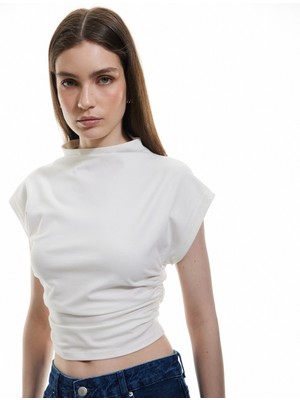 Koton Pamuklu Sandy Kumaş Drapeli Slim Fit Dik Yaka Kolsuz Tişört
