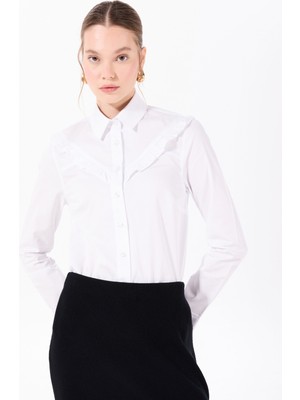 Denim Trip Slim Fit Gömlek Yaka Piliseli Beyaz Kadın Gömlek DT11006