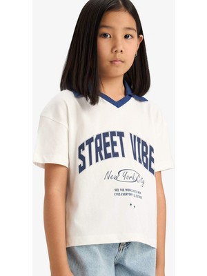 DeFacto Boxy Fit Polo Yaka Baskılı Kısa Kollu Tişört Kız Çocuk E1034A825SM