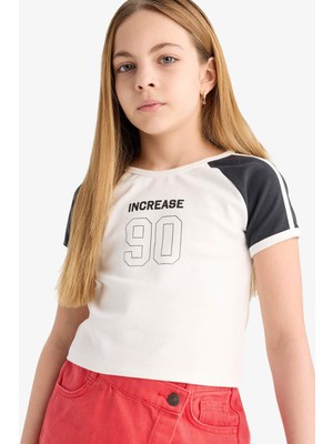 DeFacto Bisiklet Yaka Baskılı Ribana Kısa Kollu Tişört Kız Çocuk E1036A825SM