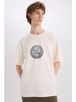 DeFacto %100 Pamuk Boxy Fit Bisiklet Yaka Baskılı Kısa Kollu Tişört E4542AX25SM