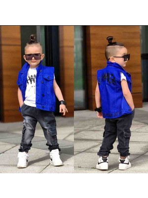Poyraz Fashion Kids Erkek Çocuk Mavi Yelek Tişört ve Kot Kargo Pantolon Kombin Takım Bayramlık