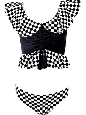 Dama Desenli Fırfırlı Büzgülü Püskül Detaylı UV50 Kız Çocuk Bikini Takımı By Nessi Byrd