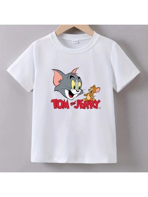 Kaliteli Pamuk Penye Unisex Erkek Kız  Çocuk Baskılı Tshirt 5 6 7 8 9 10 11 12 13 14 Yaş Tom Jerry
