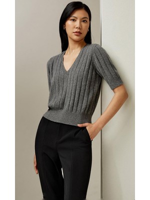 Antrasit V Yaka Örgülü Kadın Triko Tişört MG2369