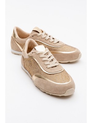 Luvi Bonia Bej Süet Altın Taşlı  Deri Kadın Spor Ayakkabı