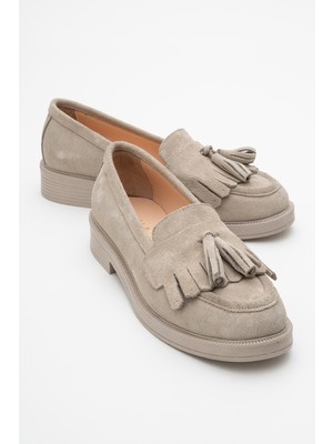 Luvi Milina Bej Süet Püsküllü  Deri Kadın Loafer Ayakkabı