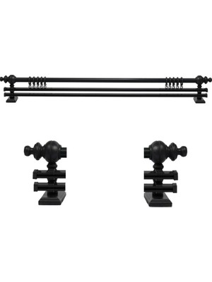 Siyah 225  cm  Çiftraylı Rustik Perde Askı Seti (Ahşap Başlık ile Aluminyum Boru ve Ray)