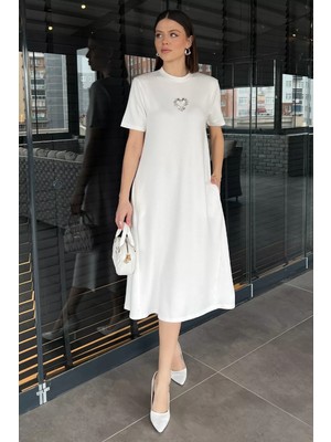 Gülseli Bisiklet Yaka Taş Detaylı Cepli Kadın Kısa Kol Elbise