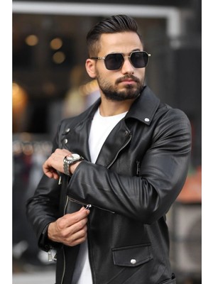 Prifaldi Erkek Siyah Deri Ceket Kuzey Çapraz Fermuar Model