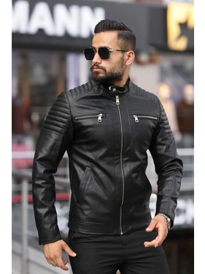 Prifaldi Erkek Siyah Iç Cepli Slim Fit Deri Ceket