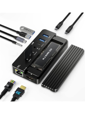 Acasis CM073S 10 in 1 USB-C Dock + SSD Disk Kutusu, 10Gbps, 4K60Hz HDMI, PD 100W, Gigabit Ethernet, AUX+Mic, SD/TF Kart, NVMe&SATA, Windows/Mac OS Uyumlu Vidasız Montaj