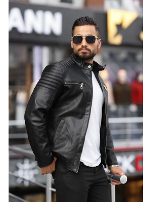 Prifaldi Erkek Siyah Iç Cepli Slim Fit Deri Ceket