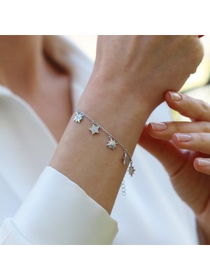 Zirkon Taşlı Sallantı Yıldız Gümüş Bileklik