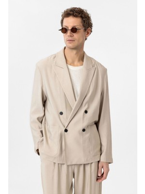 Antioch Bej Relax Fit Diagonel İnce Erkek Blazer Ceket Konforlu ve Şık Tasarım