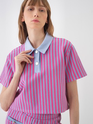Kadın Mavi Oversize Pamuklu Polo Yaka Tişört