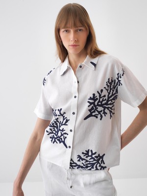 Xint Kadın Beyaz Keten Karışımlı Oversize Gömlek