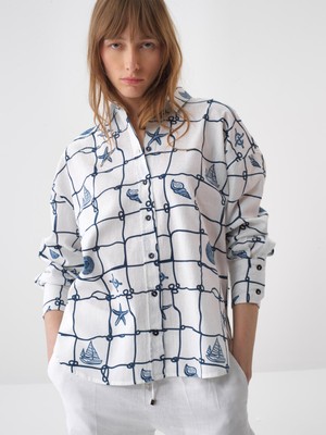 Xint Kadın Beyaz Keten Karışımlı Oversize Gömlek