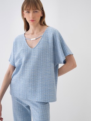 Xint Kadın Mavi Pamuk Dokulu Oversize Bluz