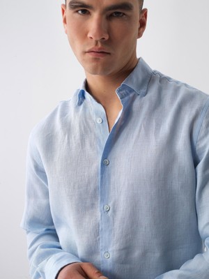 Erkek Mavi Regular Fit Keten İtalyan Yaka Basic Gömlek