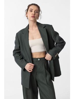Antioch Haki 100% Keten Kadın Blazer Ceket