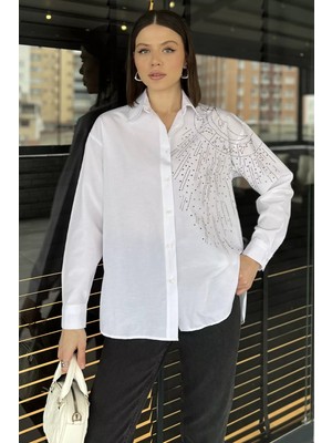 Gülseli Taş Işlemeli Uzun Kol Kadın Gömlek