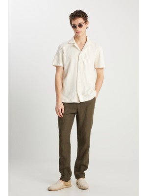 %100 Keten Regular Fit Normal Kesim Normal Bel Düz Paça Haki Pantolon