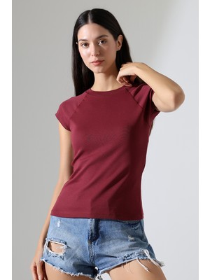 Endies Penye Likralı Ribana Dikiş Detaylı Reglan Kol Pamuklu T-Shirt 21890 Bordo