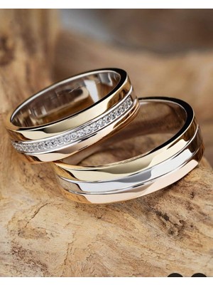 Bayan Gümüş 6 mm  Tam  Tur Taşlı 14 Ayar Altın  ve Rodyum Kaplama Alyans