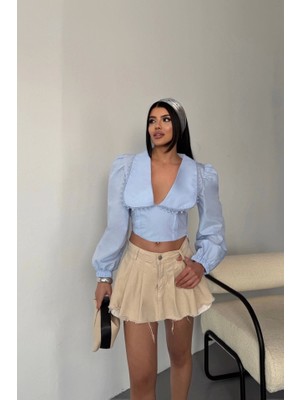 Defy Moda Crop Poplin Gömlek Yaka Kenar Dantel Detaylı - Bebe Mavi