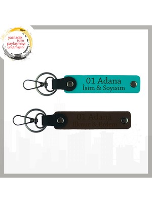 Koyu Turkuaz-Koyu Kahve, İsminize Özel 01 Adana Yazılı, Şık Bir Armağan Seçeneği, 2'li Anahtarlık Seti