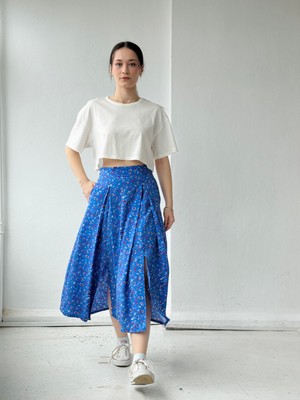 Retrobird Yüksek Bel Yırtmaçlı Midi Boy Etek Kadın Mavi