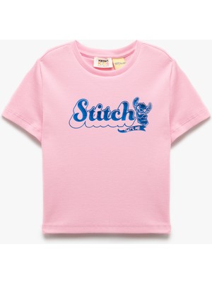 Koton Lisanslı Kız Çocuk Pamuklu Crop Tişört Bisiklet Yaka Kısa Kollu Günlük Stil Pembe