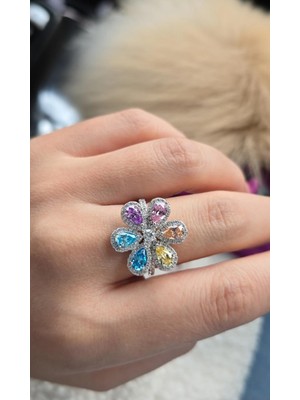 Ithal Multi Renkli Çiçekli Flower Gümüş Yüzük