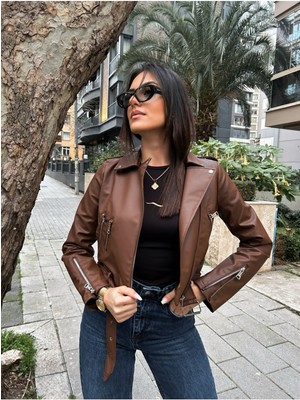 Meecy Kadın Kahverengi Deri Ceket – Standart Kalıp, Bisiklet Yaka, Günlük Şık ve Rahat Kullanım