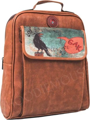 Karga Figürlü Unisex Canta Hem Sırt Hem Capraz Hem Elde Etnik Bohem Style - Taba