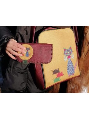 Fare Kedi Figürlü Büyük Postacı Kol Çantası Bordo, Cüzdan Bordo  Etnik Bohem Style Kombin