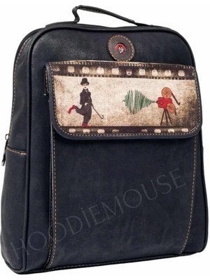 Charlie Chaplin  Figürlü Unisex Canta Hem Sırt Hem Capraz Hem Elde Etnik Bohem Style - Siyah