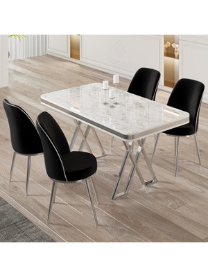 Canisa Vals Serisi 80 x 130 Lak Panel Beyaz Mermer Desen Krom Ayak Masa Takımı ve 4 Siyah Sandalye