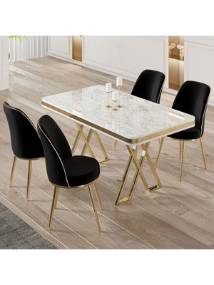 Canisa Vals Serisi 80 x 130 Lak Panel Beyaz Mermer Desen Gold Ayak Masa Takımı ve 4 Siyah Sandalye