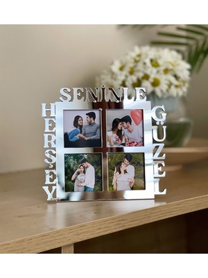 Giftmoda Herşey Seninle Güzel 4 Fotoğraf Standlı Mdf Çerçeve Gümüş