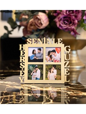 Giftmoda Herşey Seninle Güzel 4 Fotoğraf Standlı Mdf Çerçeve Gold