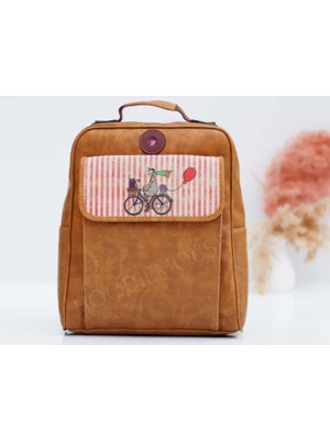 Bisiklet Figürlü Unisex Canta Hem Sırt Hem Capraz Hem Elde Etnik Bohem Style - Taba