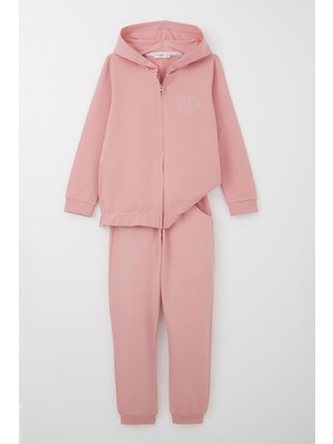 Breeze Kız Çocuk Eşofman Takım Taş Işlemeli Kalp Gülkurusu 4-9 Yaş Özel Olay İçin Şık Tasarım