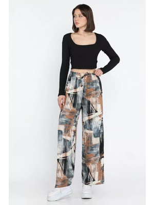 Gülseli Kadın Bel Lastikli Desenli Viskon Yürüyüş Pantolonu