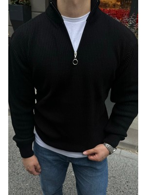 Livio Ferri Erkek Yarım Fermuarlı Dik Yaka Siyah Kalın Kazak Triko Günlük Stil ile Rahat Kullanım