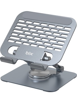Bix PS01 360° Dönebilen ve Isı Dağılımı Özellikli Katlanabilir Taşınabilir Ergonomik Metal Tablet Standı iPad Tutucu Gri