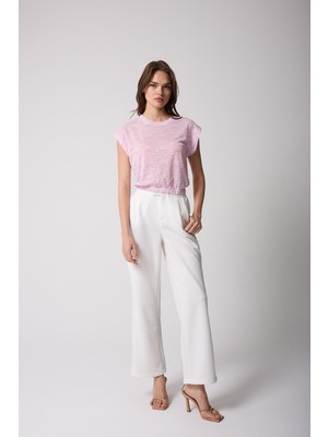Kadın T-Shirt Beli Lastikli Duble Kol Bisiklet Yaka Desenli Pembe Basic - 2501