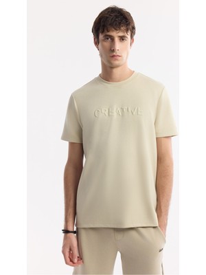 AVVA Erkek Bej Bisiklet Yaka Baskılı Interlok T-Shirt A51Y1131