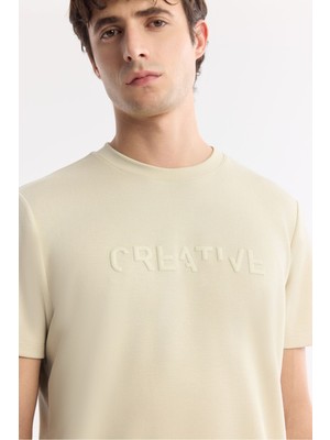 AVVA Erkek Bej Bisiklet Yaka Baskılı Interlok T-Shirt A51Y1131